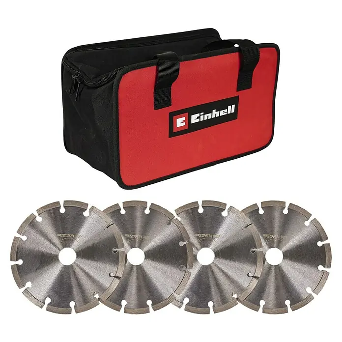 Einhell Mauernutfräse TE-MA 1700 - 1.700 W, Durchmesser Scheibe: 150 mm - Das Bild zeigt eine Einhell-Werkzeugtasche und vier Trennscheiben. Ideal für Heimwerker und Profis.