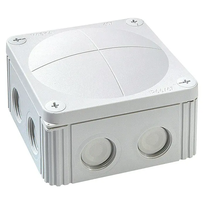 Wiska Abzweigkasten Combi 607 - Lichtgrau, 110 x 110 x 66 mm, Aufputzmontage - Wiska Aufputz-Abzweigkasten in Grau, ideal für Elektroinstallationen im Innen- und Außenbereich mit hoher Schutzart.