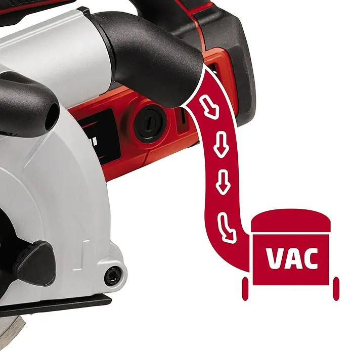 Einhell Mauernutfräse TE-MA 1700 - 1.700 W, Durchmesser Scheibe: 150 mm - Bild einer Einhell Kreissäge mit Staubabsaugung. Die Absaugung ist mit einem Pfeil zum Staubsauger dargestellt.