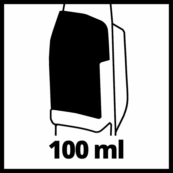 Einhell PXC 18V Limpiadora de cristales de batería Brillianto - 18 V, Sin batería, Volumen de recipiente: 0,1 l - Ilustración de una botella de 100 ml llena de una sustancia negra, posiblemente aceite o similar. Marcación clara indicando el volumen.