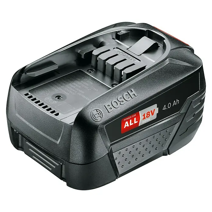Bosch Akku PBA - 18 V, 4 Ah, Passend für: Bosch Akku-Geräte 18 V - Das Bild zeigt einen Bosch 18V 4.0 Ah Akku, Teil des „Power for All“-Systems, in Schwarz mit rotem Akzent.