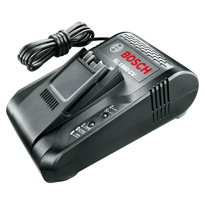 Bosch Power for All 18V Ladegerät AL 1880 CV - Passend für: Bosch Heimwerker- & Gartengeräte-Akkus 14,4/18 V - Bosch AL 1880 CV Akku-Schnellladegerät für Elektrowerkzeuge, lädt schnell und effizient 14,4V- und 18V-Akkus, für Heimwerker und Profis.