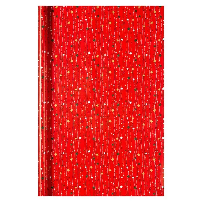 Duni Geschenkpapier - 70 x 200 cm, Papier, Christmas Time - Rotes Geschenkpapier mit einem Muster aus gewellten Linien, weißen Punkten und bunten Sternen.