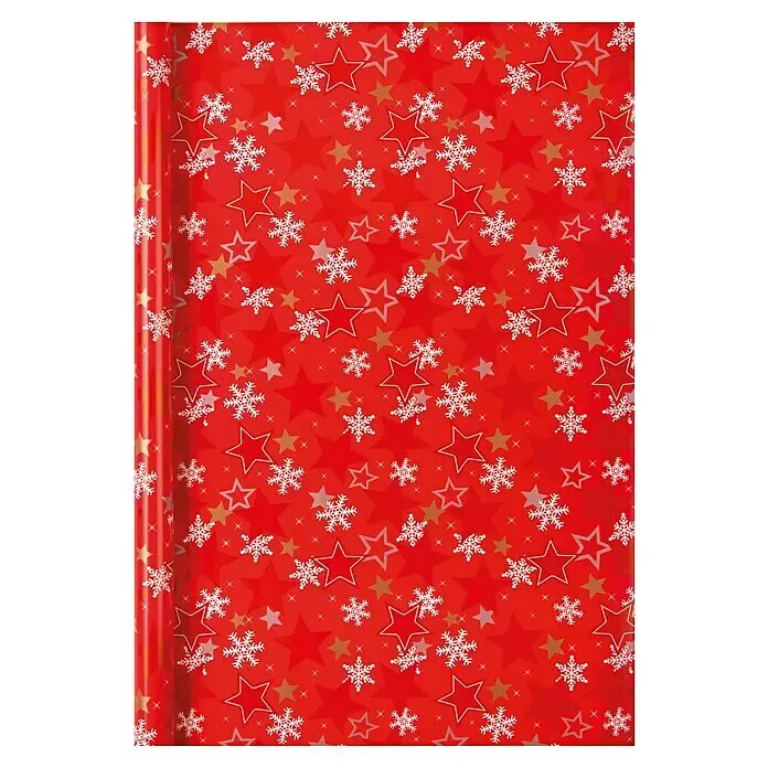 Duni Geschenkpapier - 70 x 200 cm, Christmas Stars - Rote Weihnachtsgeschenkpapierrolle mit weißen Schneeflocken und Sternen.