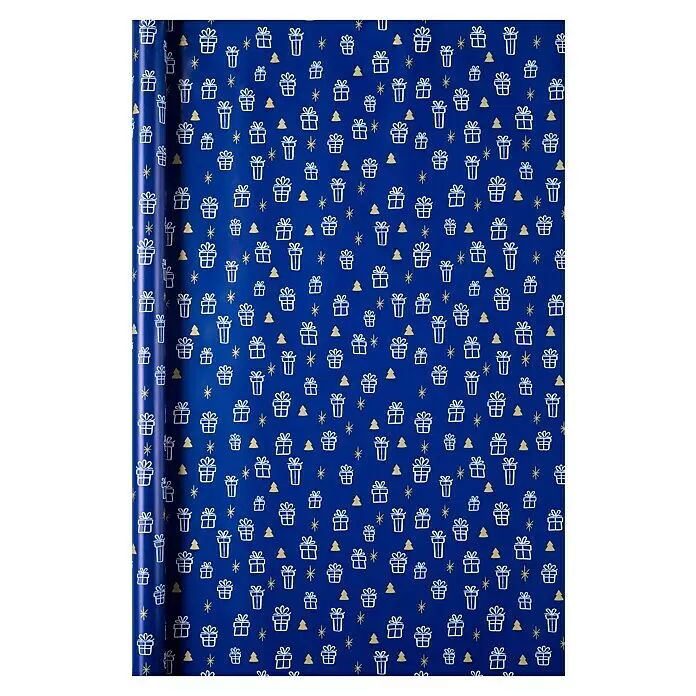 Duni Geschenkpapier - 70 x 200 cm, Papier, Christmas Time - Blaues Geschenkpapier mit weißen Geschenkbox-Umrissen, goldenen Weihnachtsbäumen und Sternen.