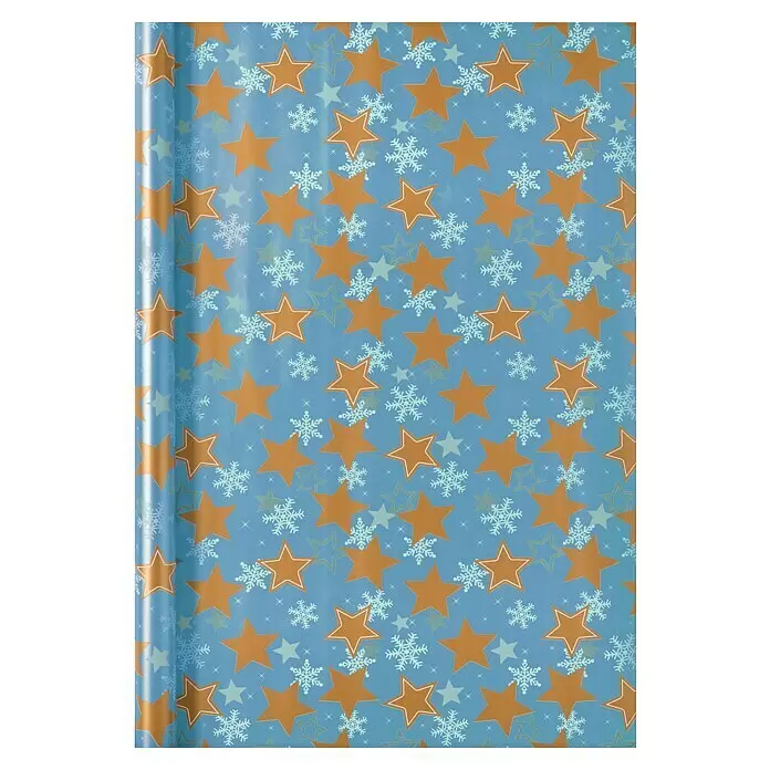 Duni Geschenkpapier - 70 x 200 cm, Christmas Stars - Hellblaues Geschenkpapier mit goldenen Sternen und weißen Schneeflocken, teilweise gerollt.