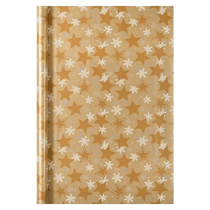 Duni Geschenkpapier - 70 x 200 cm, Christmas Stars - Rolle goldenes Geschenkpapier mit goldenen Sternen und weißen Schneeflocken, ideal für festliche Verpackungen.