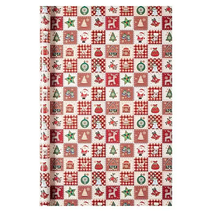 Duni Geschenkpapier - 70 x 200 cm, Papier, Christmas Time - Weihnachtsgeschenkpapierrolle mit rot-cremefarbenem Patchworkmuster und festlichen Motiven wie Weihnachtsmann, Rentier und Glocken.