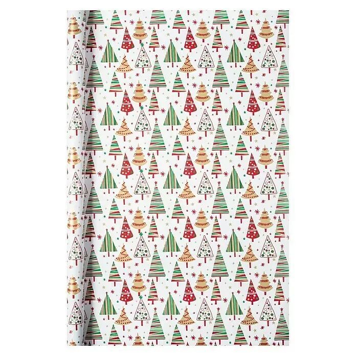 Duni Geschenkpapier - 70 x 200 cm, Papier, Christmas Time - Rolle weißes Weihnachtspapier mit roten, grünen und goldenen Weihnachtsbäumen und Sternen.