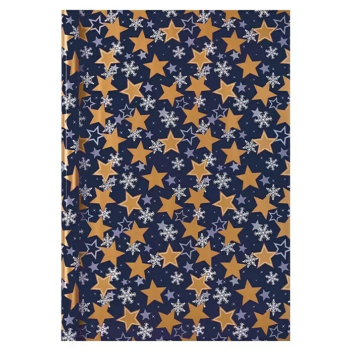 Duni Geschenkpapier - 70 x 200 cm, Christmas Stars - Dunkelblaues Geschenkpapier mit goldenen und grauen Sternen sowie weißen Schneeflocken.