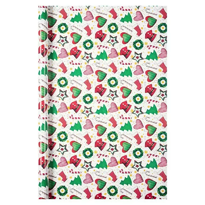 Duni Geschenkpapier - 70 x 200 cm, Papier, Christmas Kids - Gerolltes Weihnachtspapier mit festlichen Ornamenten wie Sternen, Herzen, Weihnachtsmannanzügen, Zuckerstangen, Strümpfen und Kränzen.