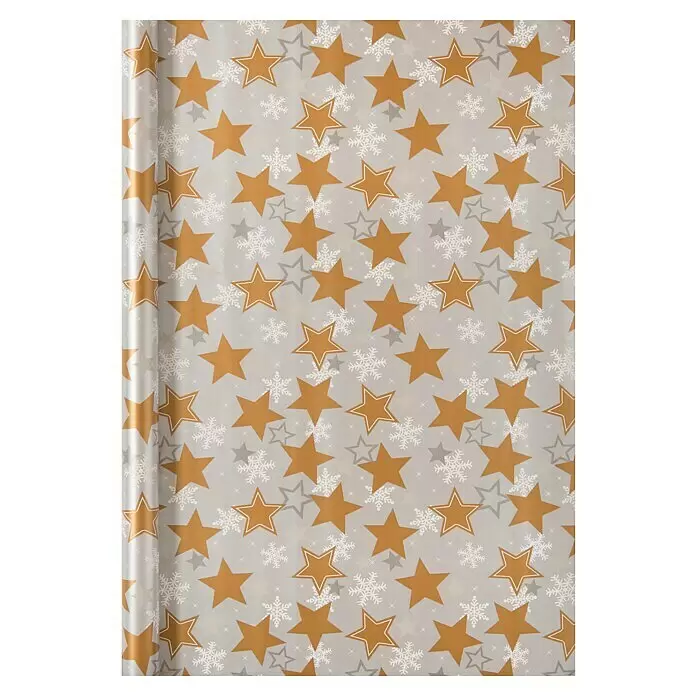 Duni Geschenkpapier - 70 x 200 cm, Christmas Stars - Weihnachtsgeschenkpapier, hellgrau, mit goldenen Sternen und weißen Schneeflocken.