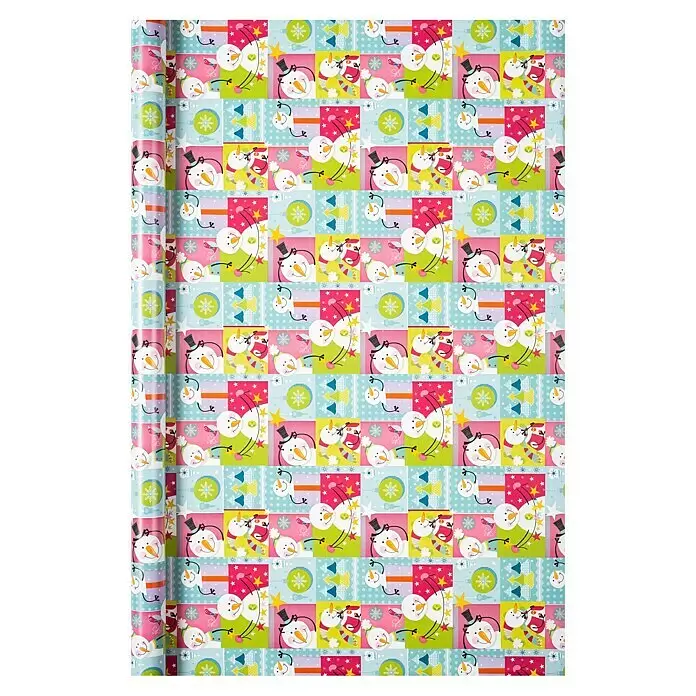 Duni Geschenkpapier - 70 x 200 cm, Papier, Christmas Kids - Buntes Weihnachtspapier mit Muster aus lächelnden Schneemännern und festlichen Motiven, links gerollt.