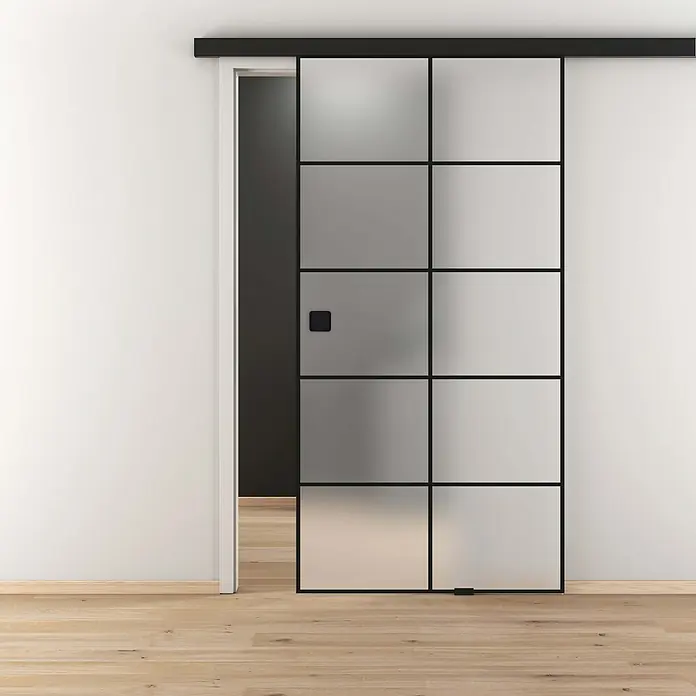 Diamond Doors Glasschiebetür-Beschlag Linea 60 Premium 2.0 - Schwarz, Art Beschlag: Geschlossen, Länge: 2.000 mm - Schiebetür mit Rahmen in Schwarz und satiniertem Glas, die einen modernen und eleganten Akzent in jeden Raum bringt.