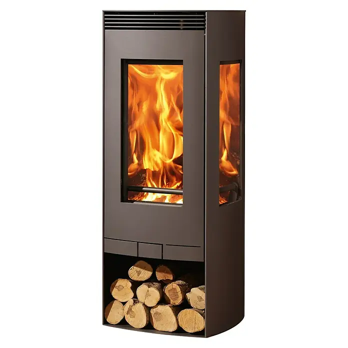 Panadero Estufa de leña Alba - 9,5 kW, Volumen de calefacción: 290 m³, Negro - Una estufa de leña con troncos en el compartimento inferior y un fuego ardiente en el compartimento superior. Un aparato de calefacción moderno.