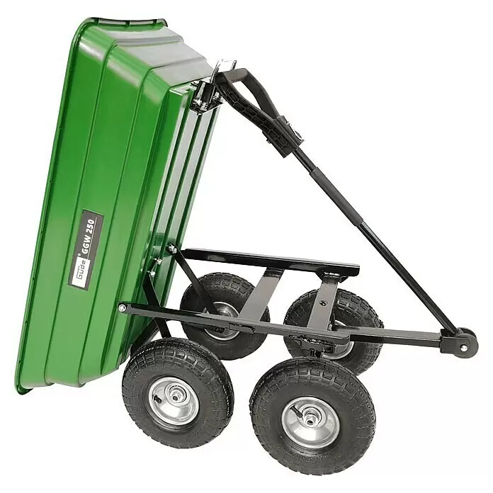Güde Transportwagen Garten GGW 250 - 110 x 50 x 91 cm, 75 l - Grüner Kippkarren aus Kunststoff mit schwarzem Metallrahmen, vier Lufträdern und Zuggriff.