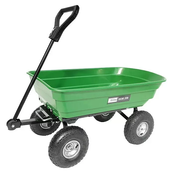 Güde Transportwagen Garten GGW 250 - 110 x 50 x 91 cm, 75 l - Grüner Gartenwagen mit schwarzem Griff und vier Reifen zum Transport von Materialien.