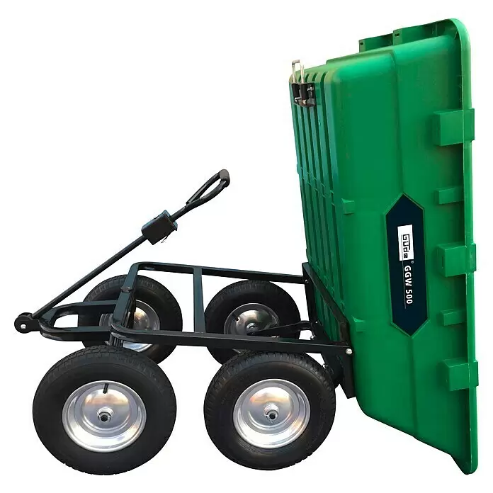 Güde Transportwagen Garten GGW 500 - 141 x 81 x 74 cm, 225 l - Grüner Güde GGW 500 Gartenwagen mit schwarzem Rahmen und vier Rädern, zum Entleeren gekippt.