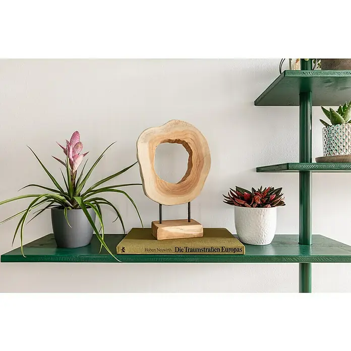 Artevasi San Remo Übertopf rund Matt - Außenmaß (Ø x H): 6 x 5,8 cm, Kunststoff, Anthrazit - Dekorative Holzskulptur auf einem grünen Regal, neben Pflanzen und einem Buch, die eine natürliche und stilvolle Atmosphäre schaffen.