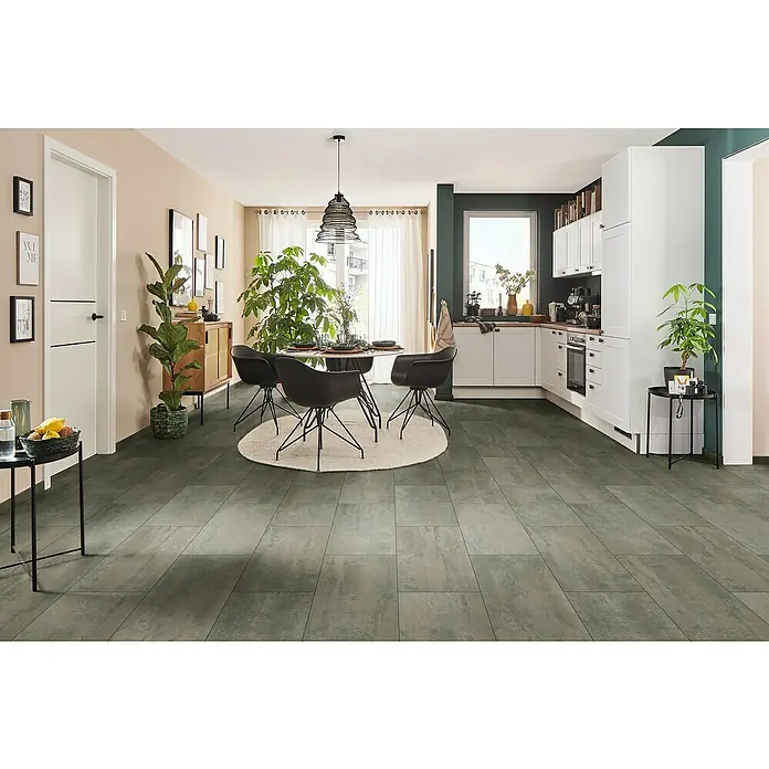 LOGOCLIC Designboden Element Flex - Vibe Tile, Fliese, 638 x 322 x 7 mm - Ein stilvolles Interieur mit modernen Bodenfliesen in Grau, die eine elegante und zeitgemäße Atmosphäre schaffen.