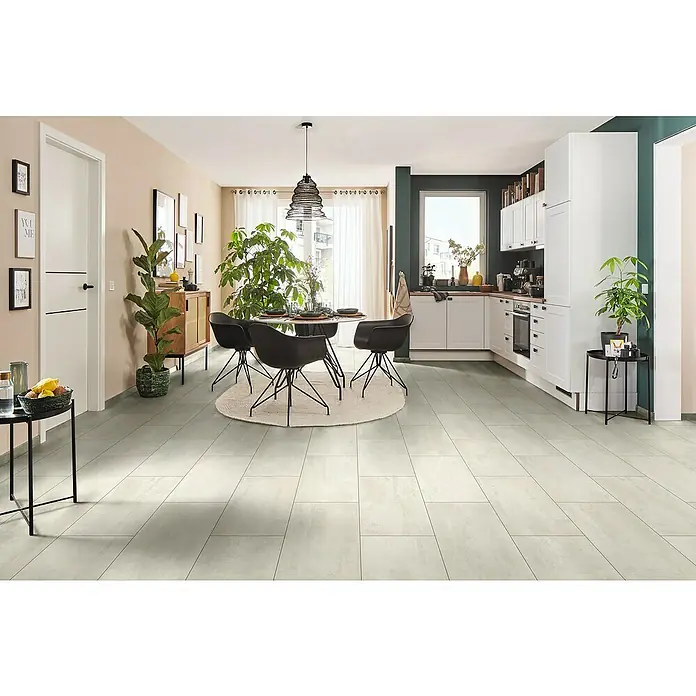 LOGOCLIC Designbodenmuster Element Flex Mist Tile - 297 x 322 x 7 mm, Fliesenoptik - Einladendes Esszimmer mit hellem Fliesenboden, der den Raum optisch vergrößert. Der Boden sorgt für eine moderne und freundliche Atmosphäre im Raum.