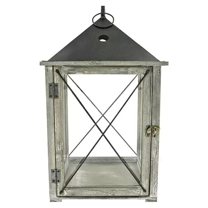 Holz-Laterne Vintage - L x B x H: 21 x 21 x 36 cm, Holz - Rustikale hellgraue Holzlaterne mit dunklem Metalldach, klaren Glasscheiben, schwarzen Metallstreben und Messingverschluss.