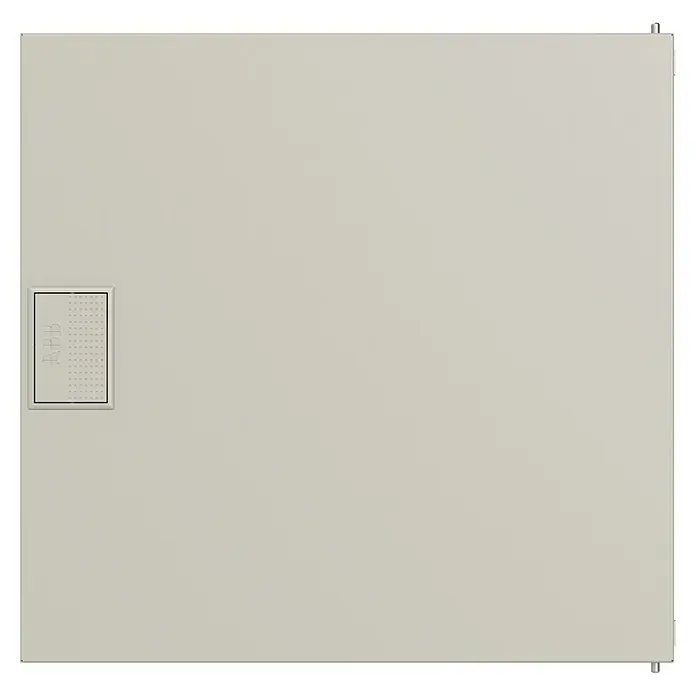 ABB - Striebel & John Aufputz-Verteiler AK612N2 + Tür AZT610 - Anzahl Reihen: 1 Stk., 33,9 x 32,8 cm, Weiß, RAL 9016 - Ansicht eines ABB-Produkts, möglicherweise ein Schaltschrank oder eine Abdeckung, in einer neutralen Farbe mit dem ABB-Logo auf der linken Seite.