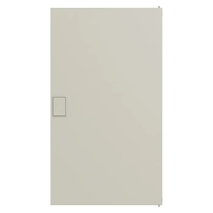 ABB - Striebel & John Aufputz-Verteiler AK636N3 + Tür AZT630 - Anzahl Reihen: 3 Stk., 33,9 x 57,8 cm, Weiß, RAL 9016 - Ein modernes graues Türpaneel mit einer kleinen quadratischen Öffnung, ideal für minimalistische Innenräume.