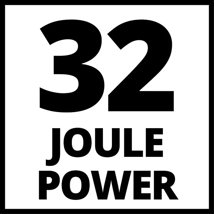 Einhell Abbruchhammer TE-DH 32 - 1.500 W, 32 J, SDS-Max-Aufnahme - Darstellung eines schwarzen Quadrats mit der Aufschrift "32 JOULE POWER" auf weißem Grund, das die Leistungsfähigkeit des Produkts hervorhebt.