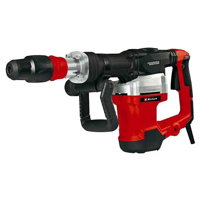 Einhell Abbruchhammer TE-DH 32 - 1.500 W, 32 J, SDS-Max-Aufnahme - Ein roter und schwarzer Einhell Abbruchhammer. Er verfügt über einen verstellbaren Zusatzhandgriff für komfortable Nutzung.