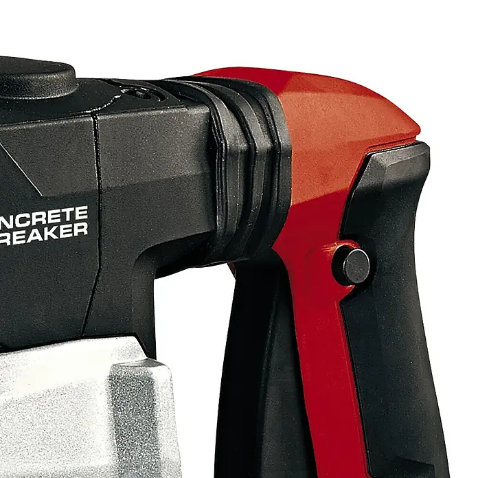 Einhell Abbruchhammer TE-DH 32 - 1.500 W, 32 J, SDS-Max-Aufnahme - Nahaufnahme eines Einhell Abbruchhammers mit rotem Griffstück und schwarzem Gehäuse, ideal für Bauarbeiten und Abbrucharbeiten.
