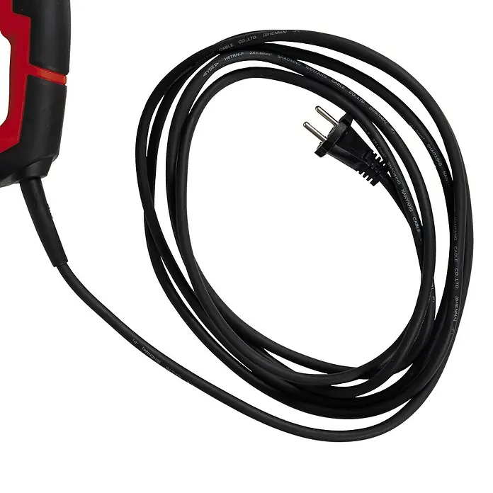 Einhell Abbruchhammer TE-DH 32 - 1.500 W, 32 J, SDS-Max-Aufnahme - Ein schwarzes Stromkabel mit Eurostecker, aufgerollt auf einem weißen Untergrund, ist dargestellt.