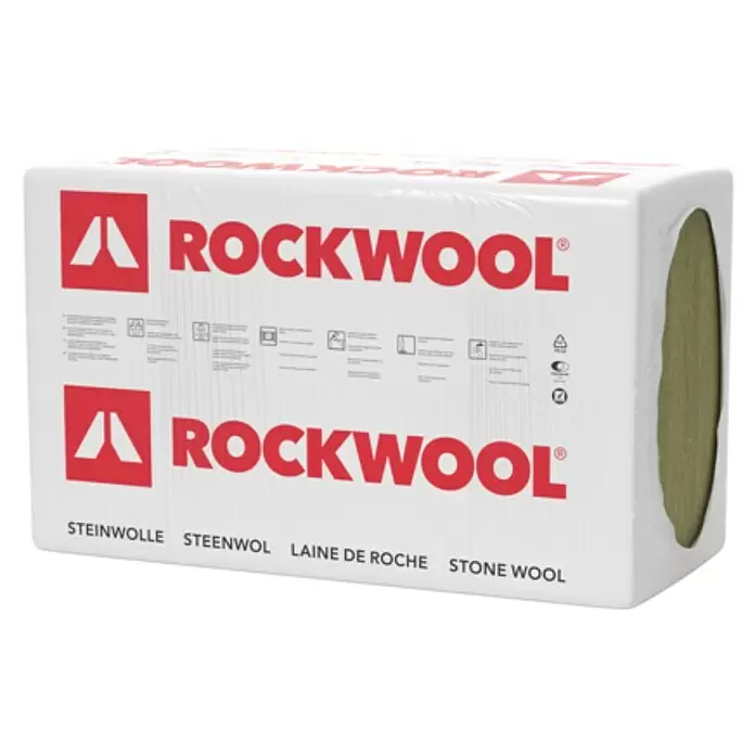 Rockwool Steinwolle Tegarock L - Stärke: 100 mm, Wärmeleitfähigkeit: 0,035 W/(mK) - Weiße Verpackung ROCKWOOL Steinwolle-Dämmung, seitlich das grünliche Fasermaterial sichtbar.