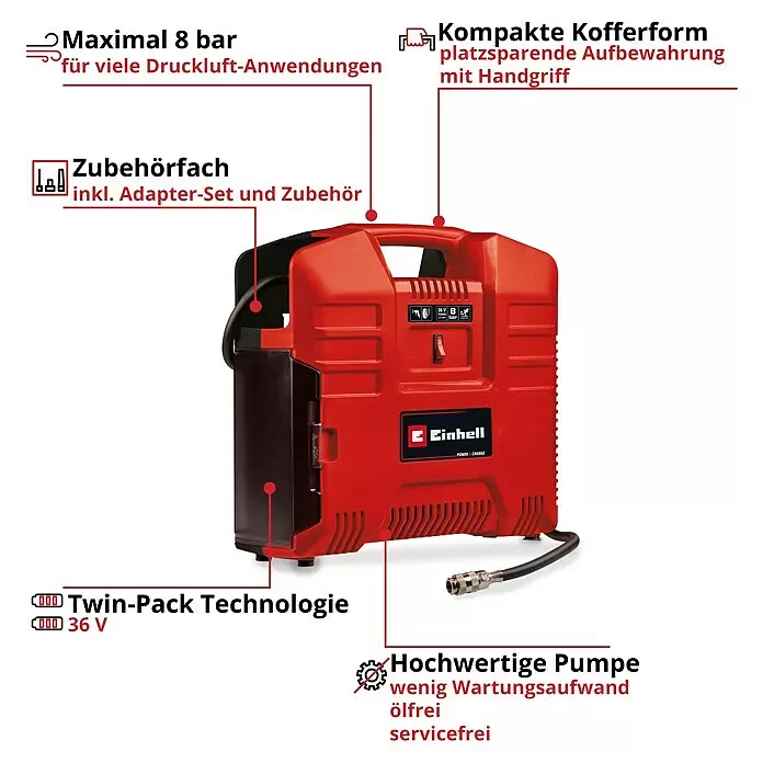 Einhell Power X-Change 18V Akku-Kompressor TE-AC 36/8 Li OF Set-Solo18 V, Ohne Akku, 8 bar