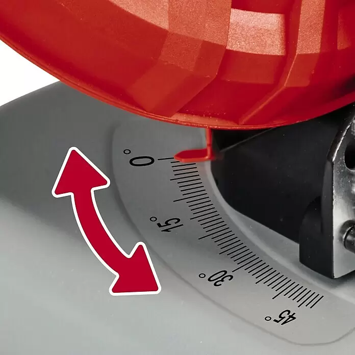 Einhell PXC 18V Sierra de cinta de batería TE-MB 18/127 Li-Solo - 18 V, Sin batería - Escala de ángulo gris con indicador rojo, ajustable de 0° a 45°.