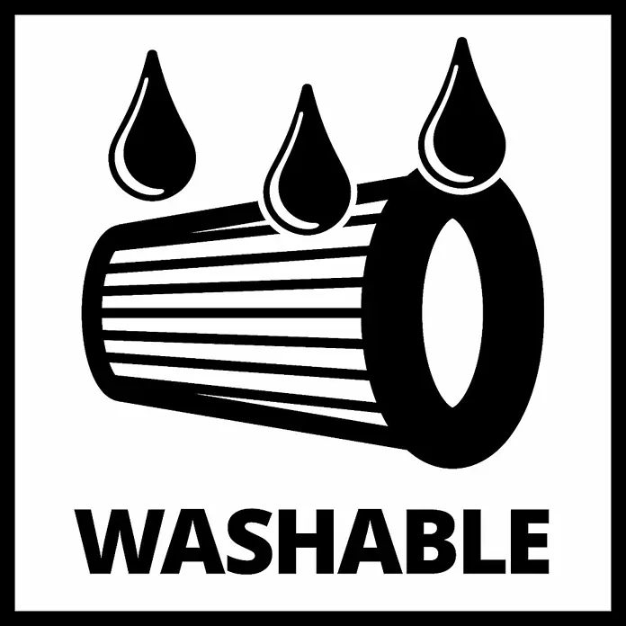 Einhell Filter - Passend für: Einhell Akku-Stielstaubsauger TE-SV 18 Li - Abbildung eines waschbaren Produkts. Waschbarer Filter mit Wassertropfen und der Aufschrift "WASCHBAR".