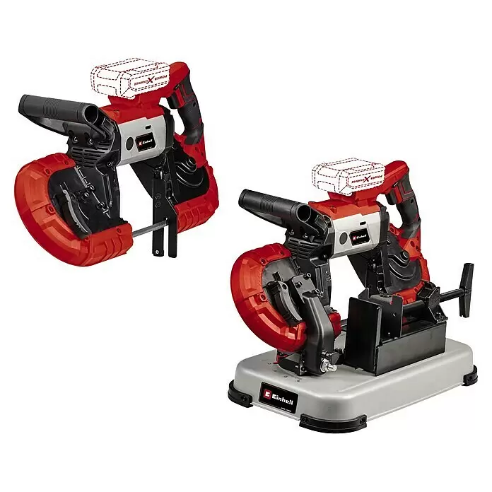 Einhell PXC 18V Sierra de cinta de batería TE-MB 18/127 Li-Solo - 18 V, Sin batería - Sierra de cinta inalámbrica roja y negra, mostrada como herramienta manual y montada en un soporte gris.