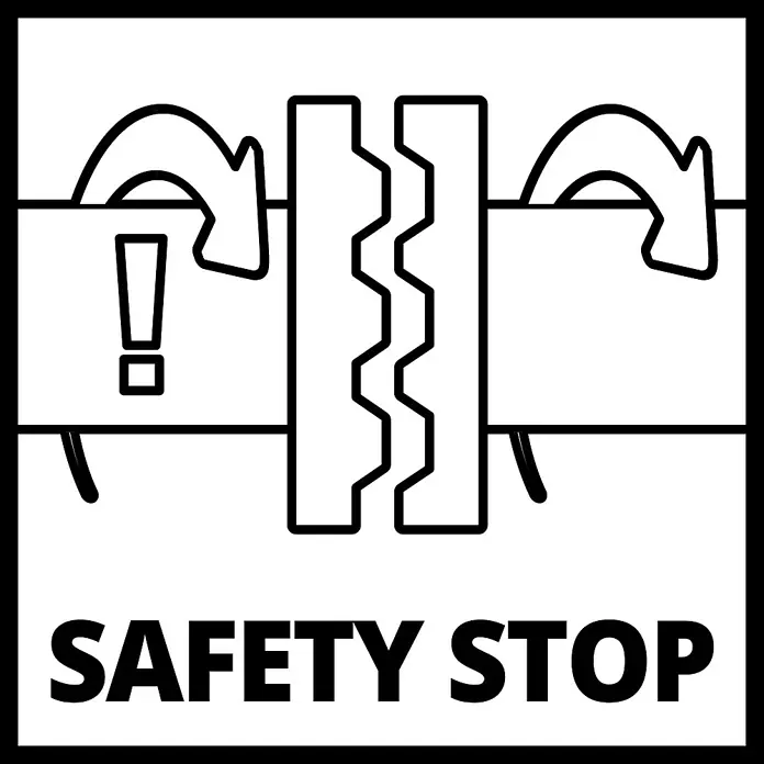 Einhell Kombihammer TC-RH 1600 - 1.600 W, 4 J, SDS-Plus-Aufnahme - Illustration eines Warnschildes "Sicherheitsstopp", das vor Verletzungen durch sich bewegende Teile schützt.