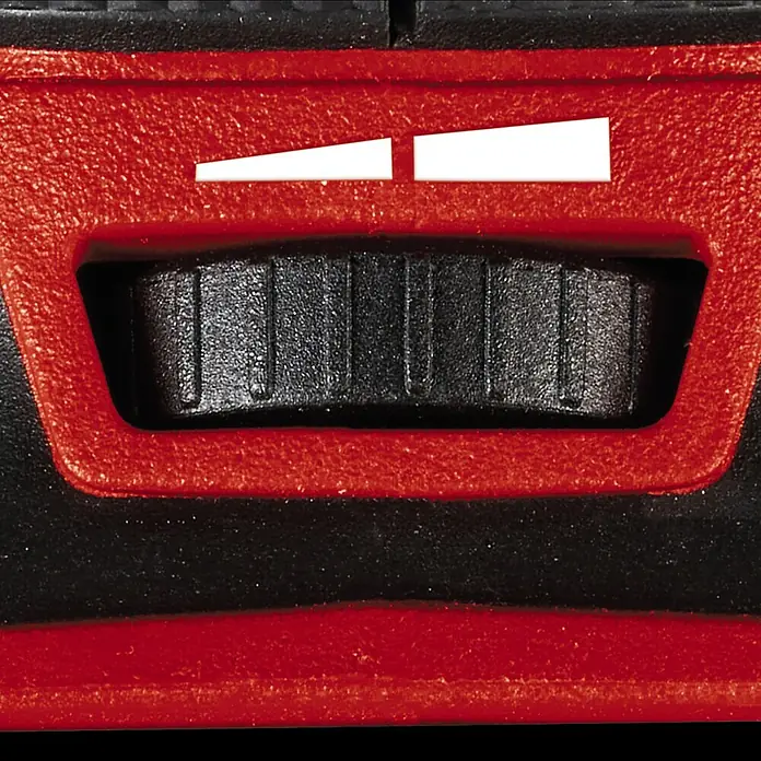 Einhell Professional PXC 18V Amoladora angular de batería TP-AG 18/125 CE Q Li - Solo - Sin batería, Diámetro disco: 125 cm, 3.000 r.p.m. - 10.500 r.p.m. - Primer plano de un taladro inalámbrico, con un dial para ajustar los niveles de potencia. La superficie es roja y negra.
