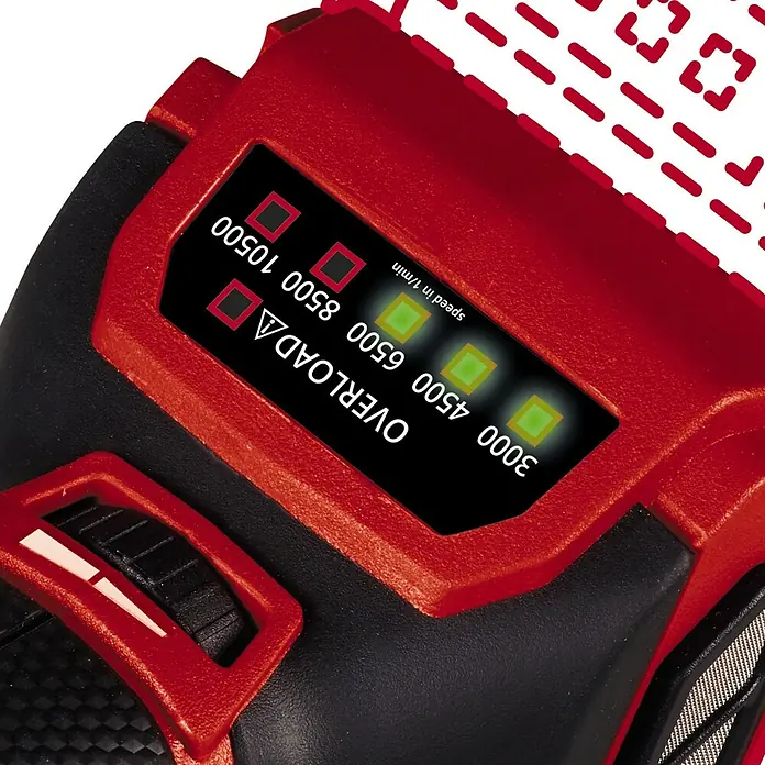 Einhell Professional PXC 18V Amoladora angular de batería TP-AG 18/125 CE Q Li - Solo - Sin batería, Diámetro disco: 125 cm, 3.000 r.p.m. - 10.500 r.p.m. - Primer plano de una máquina Einhell roja y negra con pantalla LED que muestra velocidad y sobrecarga.
