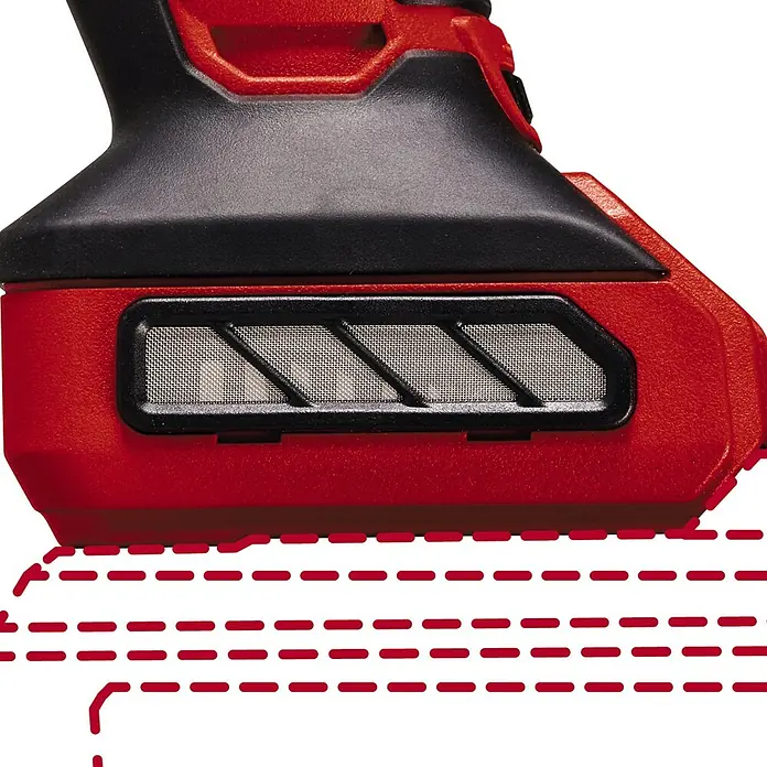 Einhell Professional PXC 18V Amoladora angular de batería TP-AG 18/125 CE Q Li - Solo - Sin batería, Diámetro disco: 125 cm, 3.000 r.p.m. - 10.500 r.p.m. - Primer plano de un dispositivo rojo y negro con un inserto de malla.