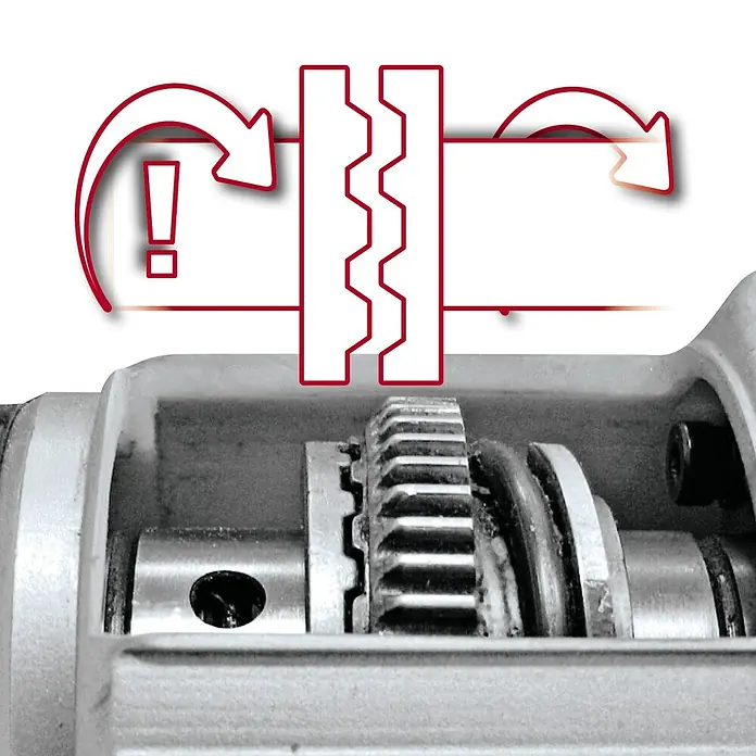 Einhell Kombihammer TC-RH 1600 - 1.600 W, 4 J, SDS-Plus-Aufnahme - Nahaufnahme einer Metallgetriebebaugruppe, die Details ihrer komplexen Zahnräder und Mechanismen zeigt, mit roten Warnsymbolen.