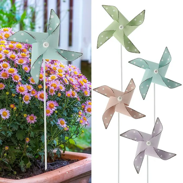 Gartenstecker Windmühle - 6 x 55 cm - Buntes Windrad mit Punkten und Metallstab für den Garten oder den Blumentopf als Dekoration im Außenbereich.