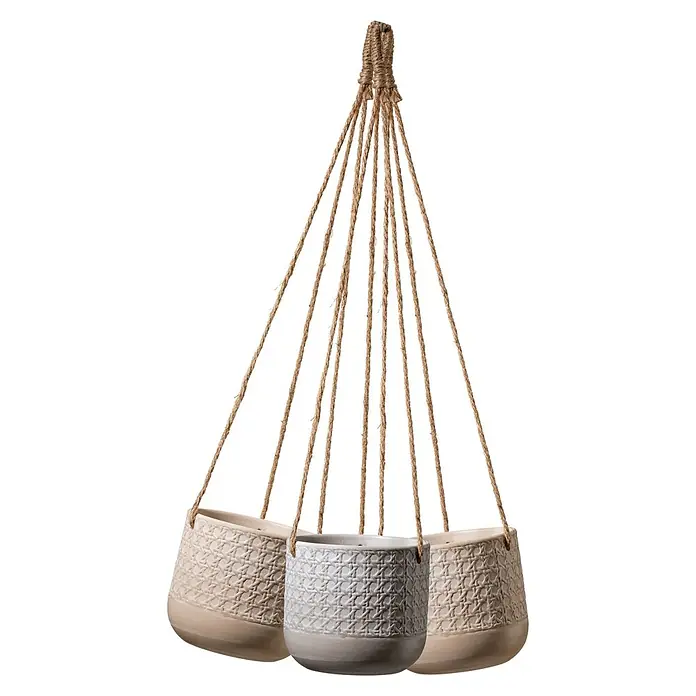 Soendgen Keramik Blumenampel Vienna - Außenmaß (Ø x H): 15 x 14 cm, Keramik, Naturbeige - Hängeampel mit drei hellen Töpfen mit Rattanmuster und robusten Seilaufhängungen, ideal für Zimmerpflanzen und zur Dekoration des Wohnraums.