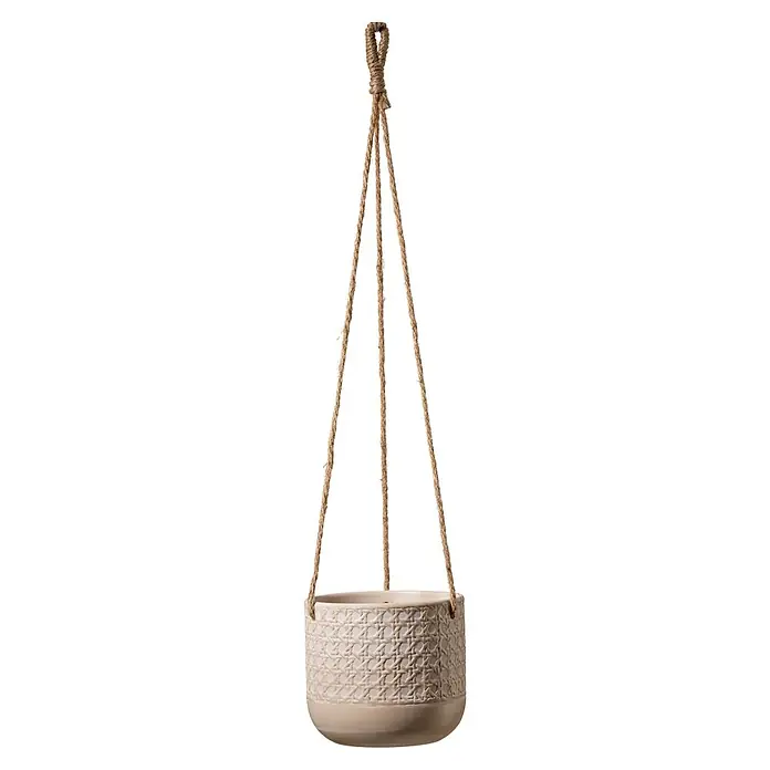 Soendgen Keramik Blumenampel Vienna - Außenmaß (Ø x H): 15 x 14 cm, Keramik, Naturbeige - Hängepflanzgefäß aus Keramik mit Rattangeflechtmuster und rustikalen Seilaufhängern für eine natürliche Note.