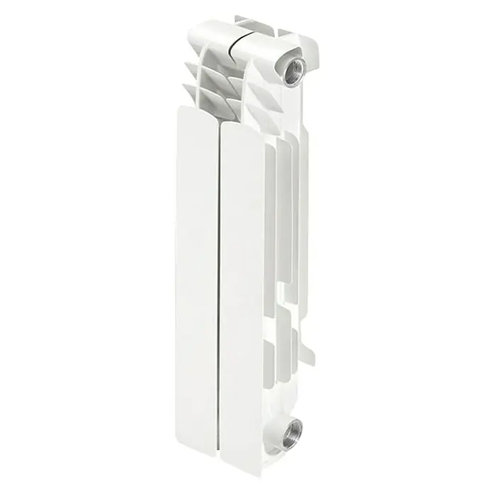 Cointra Radiador de agua Orion HP - 2 elementos, 200 W, An x Al: 16 x 58,15 cm - Primer plano de un radiador blanco con múltiples elementos y conexiones, distribuyendo el calor eficientemente.