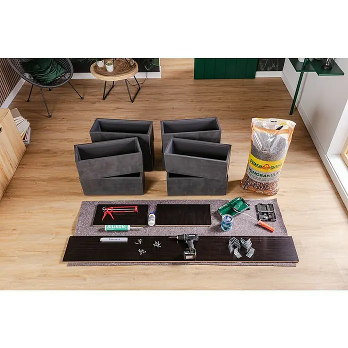 swingcolor Lackier-Set - 3 -tlg. - Anordnung von Pflanzkästen und Materialien zur Montage, inklusive Holzplatten, Schrauben, Silikon, Werkzeug und Flora Gard Tongranulat.