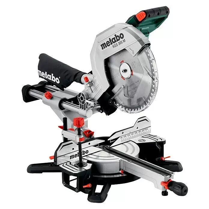 Metabo Sierra ingletadora KGS 305 M - 1.600 W, Diámetro hoja de sierra: 305 mm, Número de revoluciones de marcha en vacío: 3.700 r.p.m. - Sierra ingletadora Metabo KGS 305 M con cuerpo de metal plateado, base negra y perillas de control rojas.
