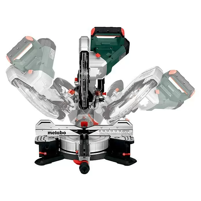 Metabo Sierra ingletadora KGS 305 M - 1.600 W, Diámetro hoja de sierra: 305 mm, Número de revoluciones de marcha en vacío: 3.700 r.p.m. - Sierra ingletadora Metabo verde y negra con base plateada, mostrando múltiples posiciones de corte ajustables.