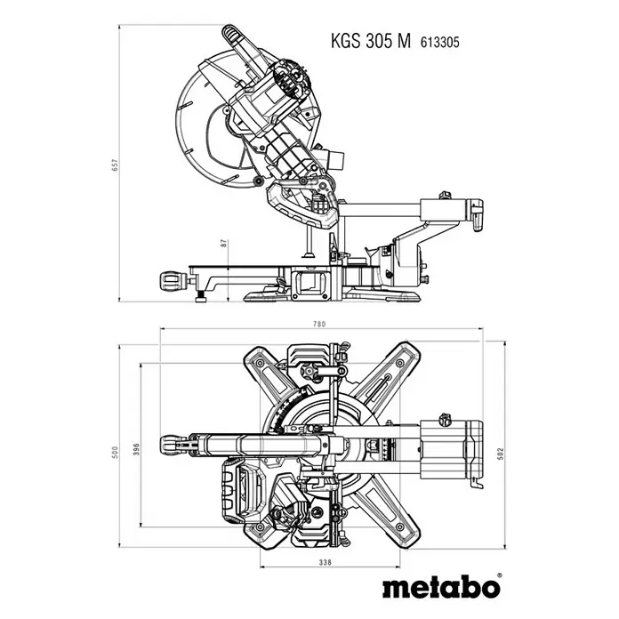 Metabo Kapp- & Gehrungssäge KGS 305 M - 1.600 W, Durchmesser Sägeblatt: 305 mm, Leerlaufdrehzahl: 3.700 U/min - Technische Zeichnung der Metabo KGS 305 M Kapp- und Zugsäge mit Maßangaben für Höhe, Breite und Tiefe.